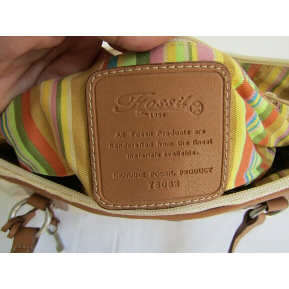 Fossil Key Shoulder Bag Tan Canvas Purse Brown Leather Trim Key Charm - Picture 7 of 7